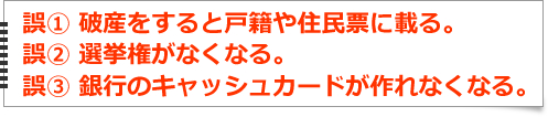 誤① 破産をすると戸籍や住民票に載る。誤② 選挙権がなくなる。誤③ 銀行のキャッシュカードが作れなくなる。