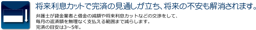 将来利息カットで完済の見通しが立ち、将来の不安も解消されます。:弁護士が貸金業者と借金の減額や将来利息カットなどの交渉をして、毎月の返済額を無理なく支払える範囲まで減らします。完済の目安は3～5年。